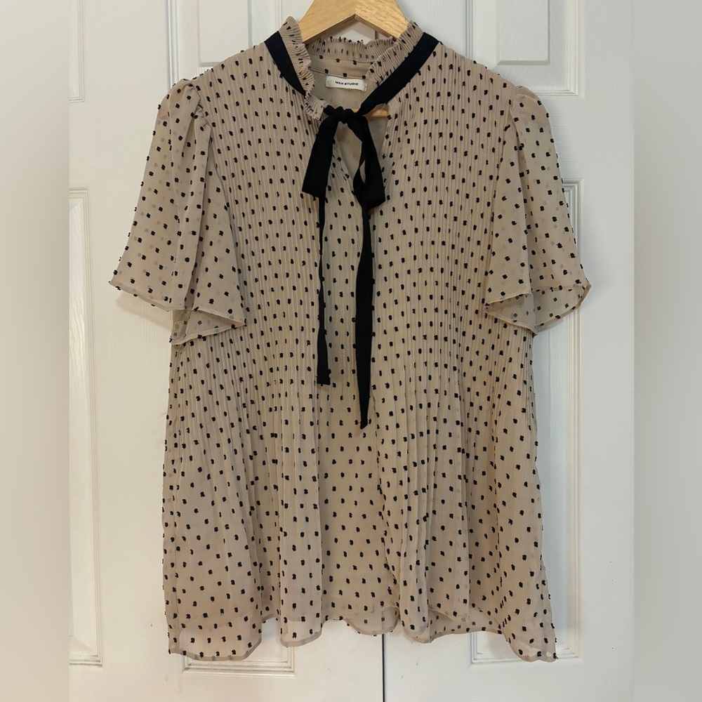 Women's Vintage Style Blouse with Bow Tie Neck Polka Dot Design Flowy (XL)